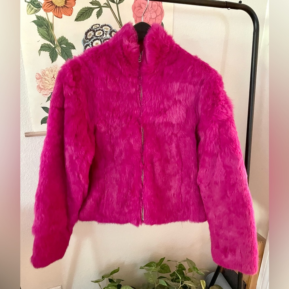 Hot pink women’s genuine fur reversible jacket